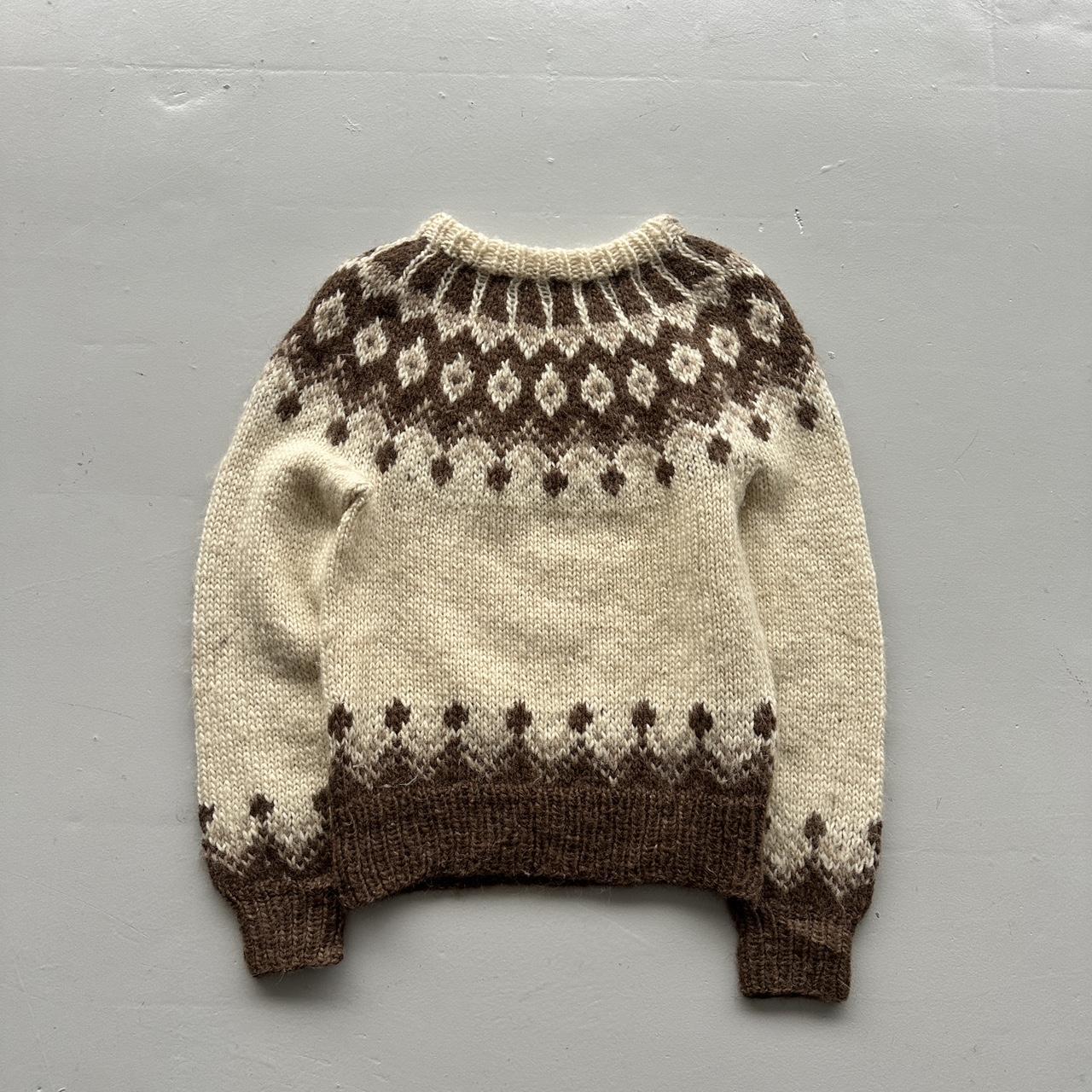 Cream Brown Patterned Hand Knit Vintage Woollen Jumper - Large 10/12