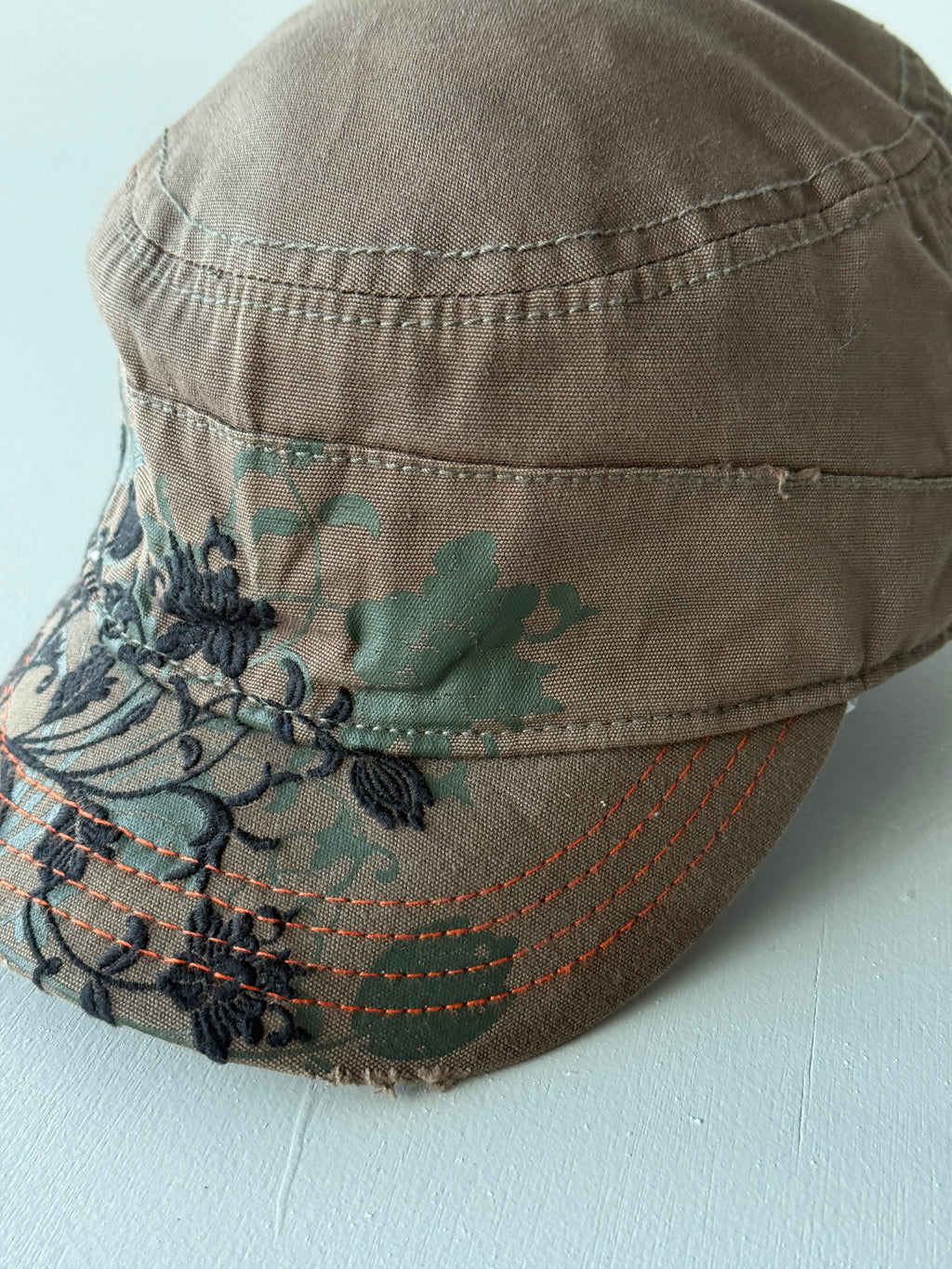 Brown Floral Embroidered Y2K Cadet Cap Military Style 00's Grunge Aesthetic
