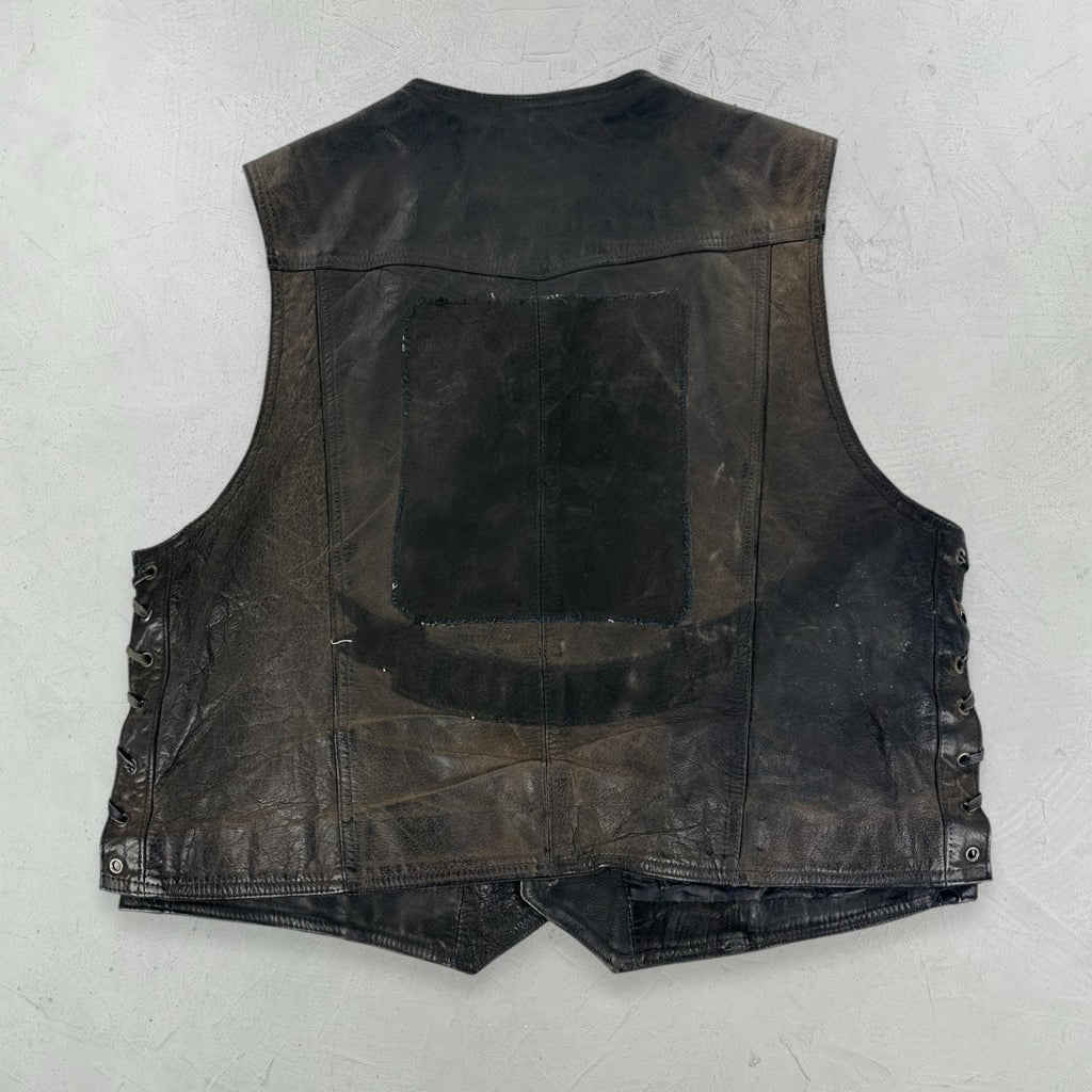 Black Leather 90s Vintage Biker Waistcoat - Medium