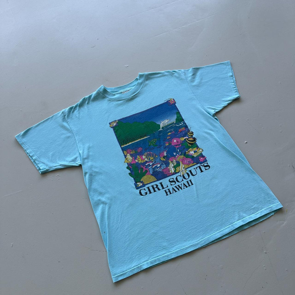 Aqua Blue Girl Scouts Hawaii 90s Vintage T-shirt - XL