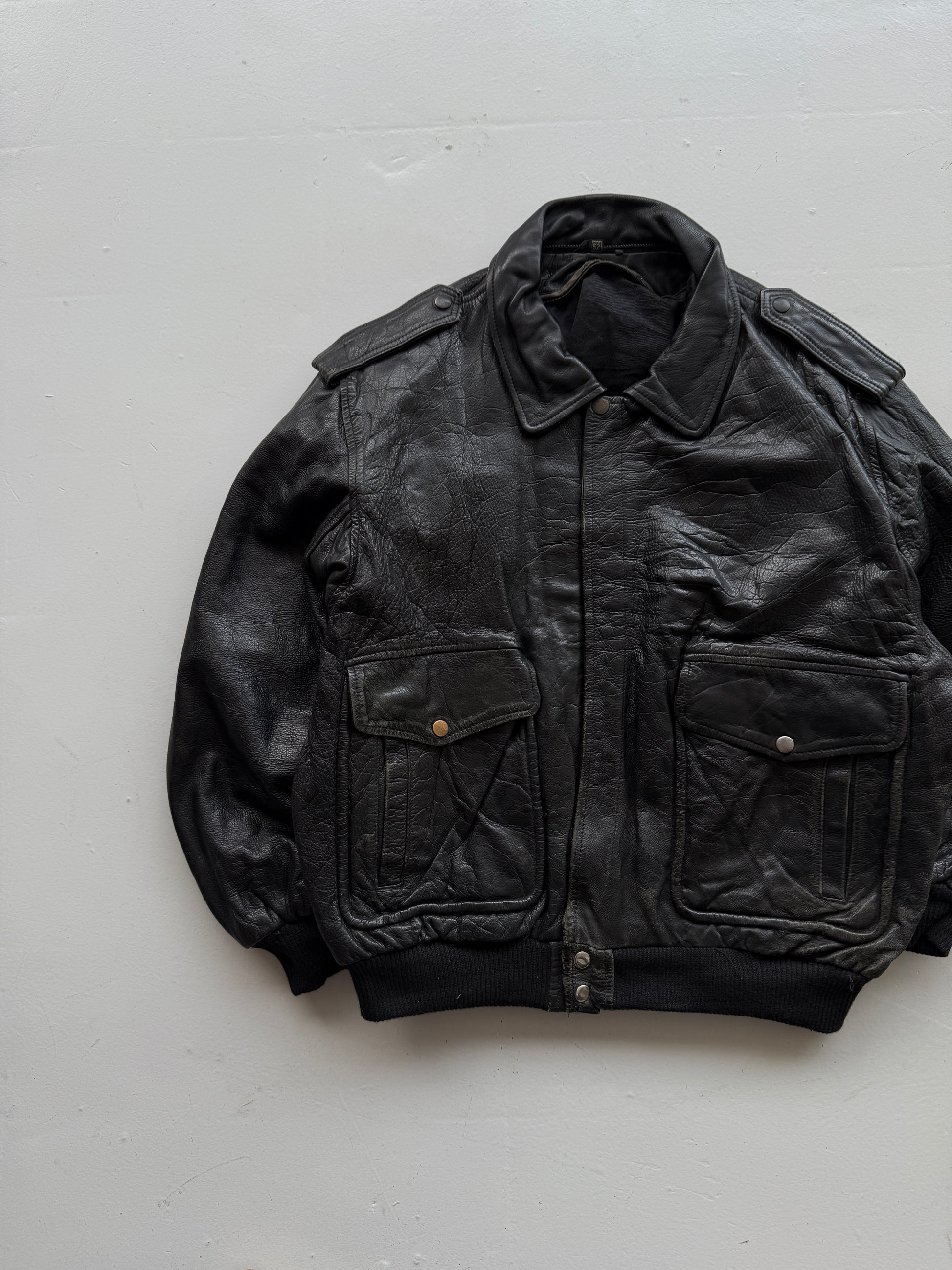 Black A2 Leather Vintage Aviation 90s Bomber Jacket - Large