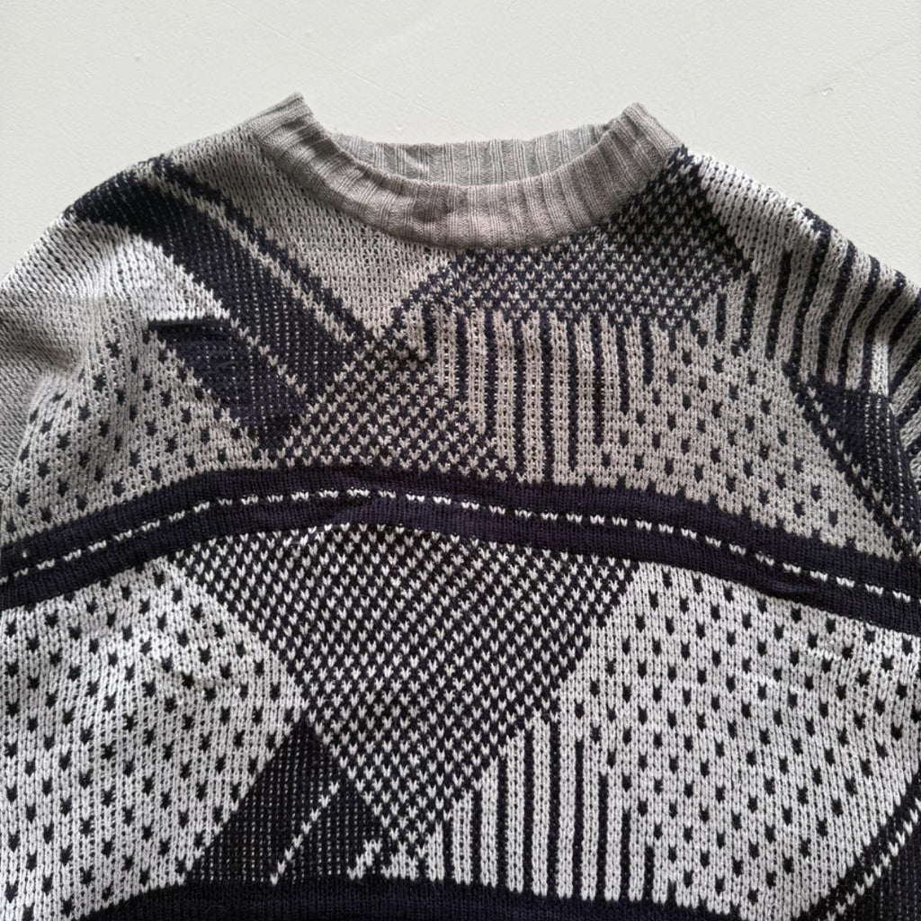 Grey Black Patterned 90's Vintage Woollen Knit Jumper - XL