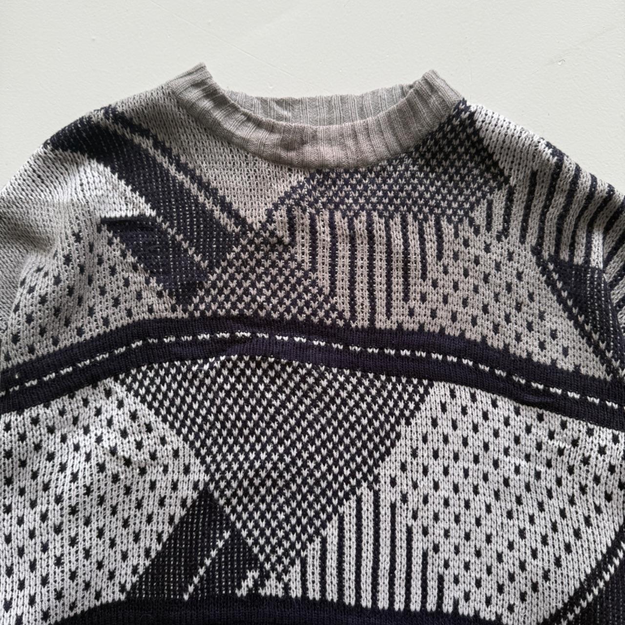 Grey Black Patterned 90's Vintage Woollen Knit Jumper - XL