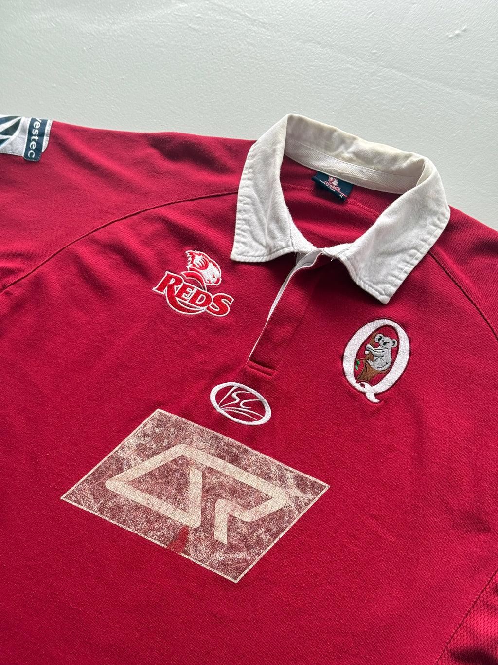 Red Queensland Reds 00's Vintage Short Sleeve Rugby Polo Jersey - Large