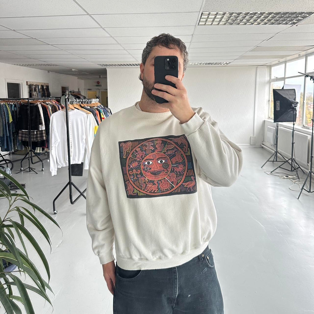 Cream Celestial Star Sign Art 90’s Vintage Graphic Sweatshirt - Large Boxy