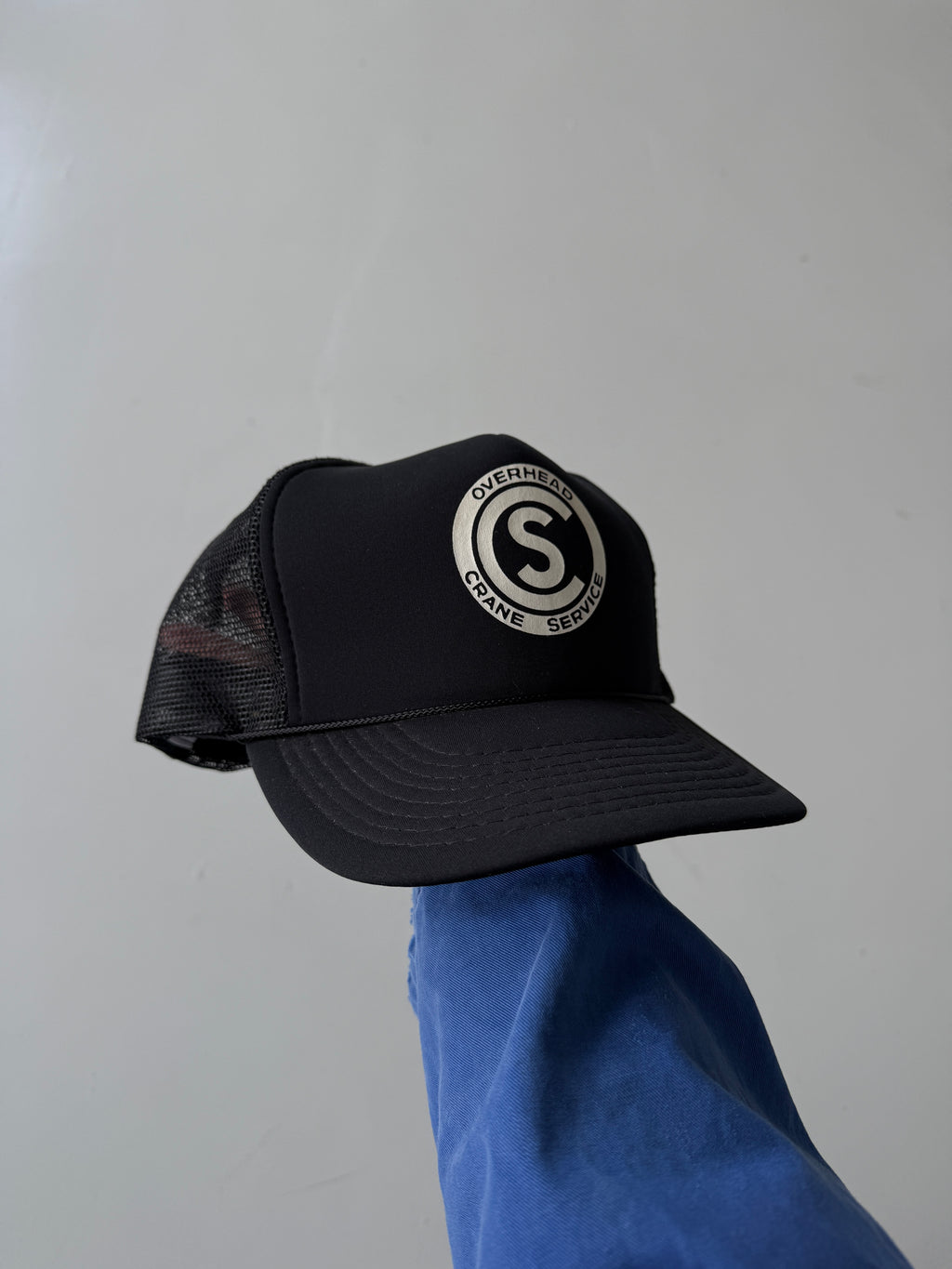 Black Overhead Crane Vintage Foam and Mesh Workwear SnapBack Trucker Cap