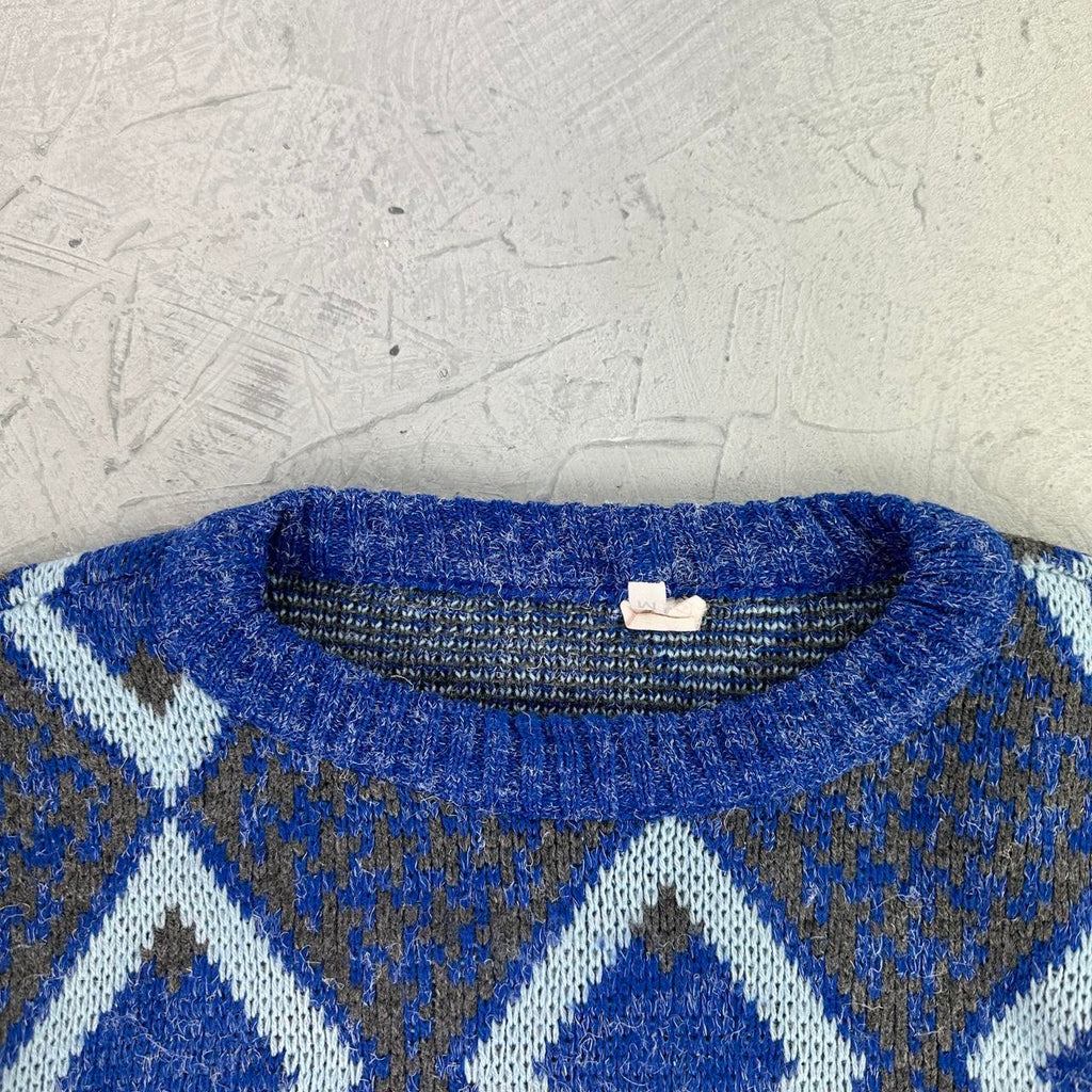 Blue Patterned 80's Knitted Sweatshirt - Medium