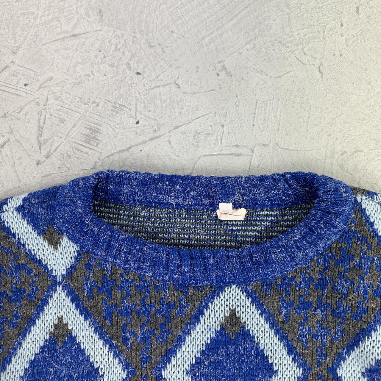 Blue Patterned 80's Knitted Sweatshirt - Medium