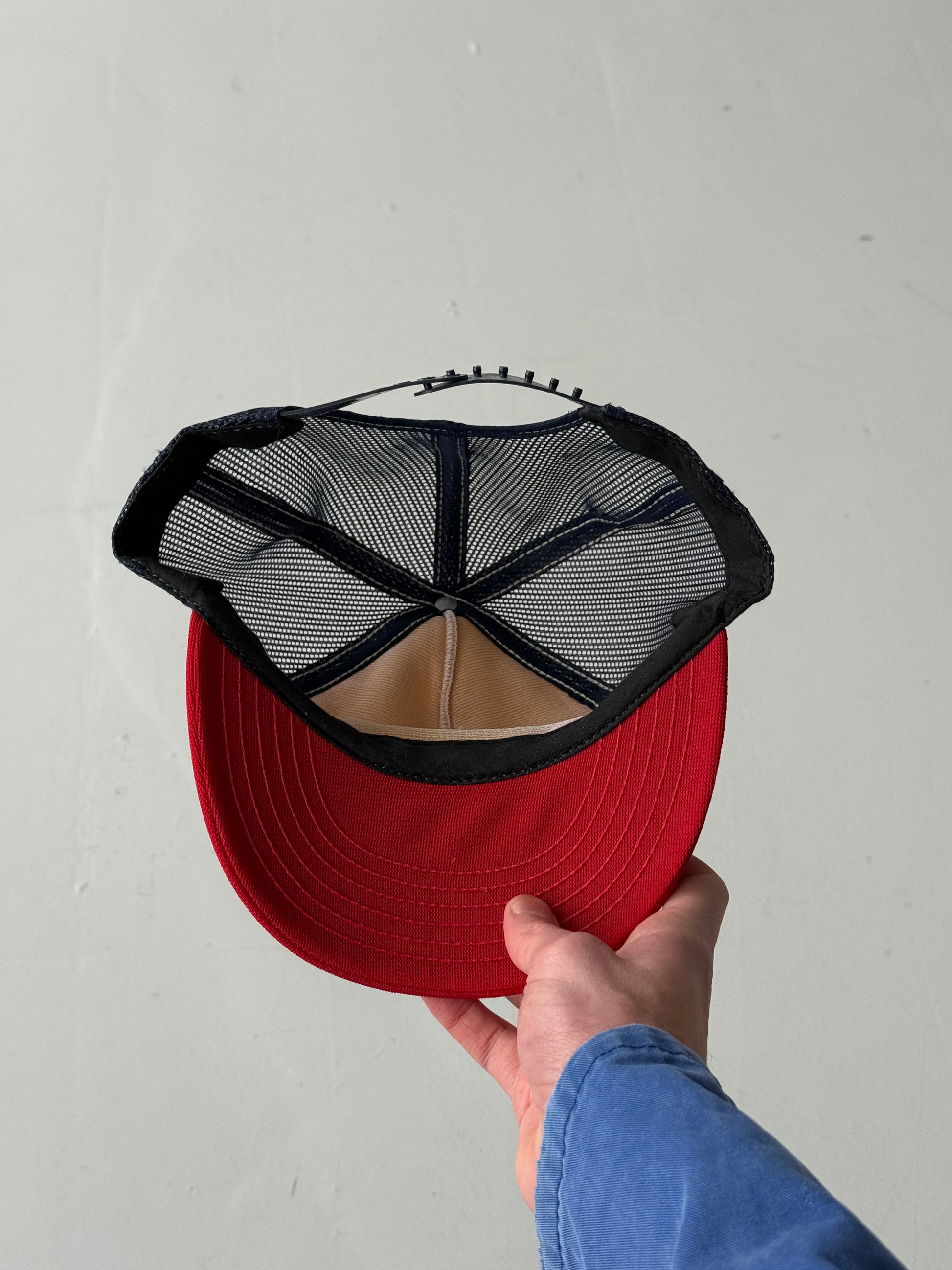 White and Red Construction Vintage Workwear Foam and Mesh SnapBack Trucker Cap