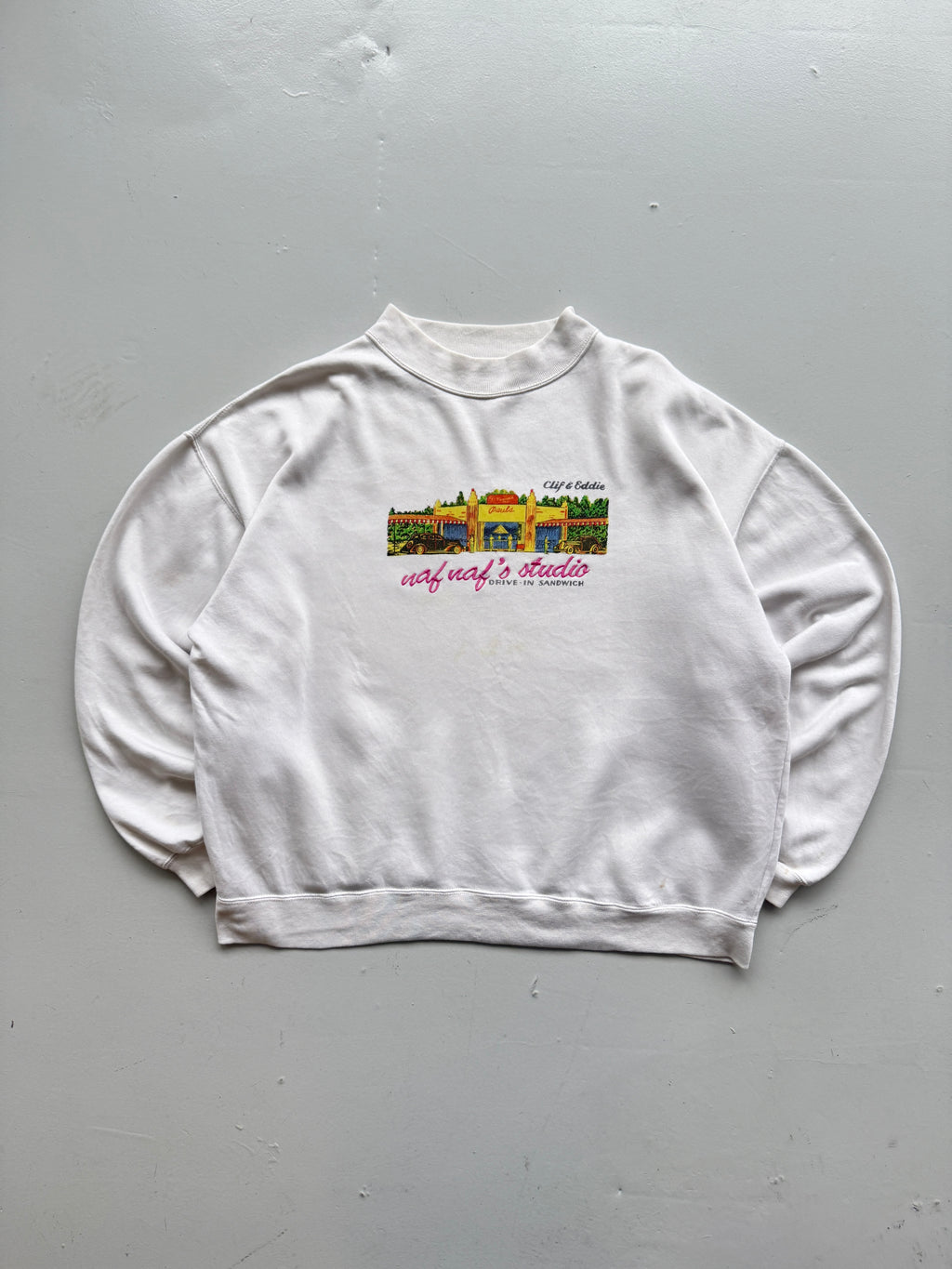 White Naf Naf 90's Vintage Graphic Sweatshirt Jumper - Large