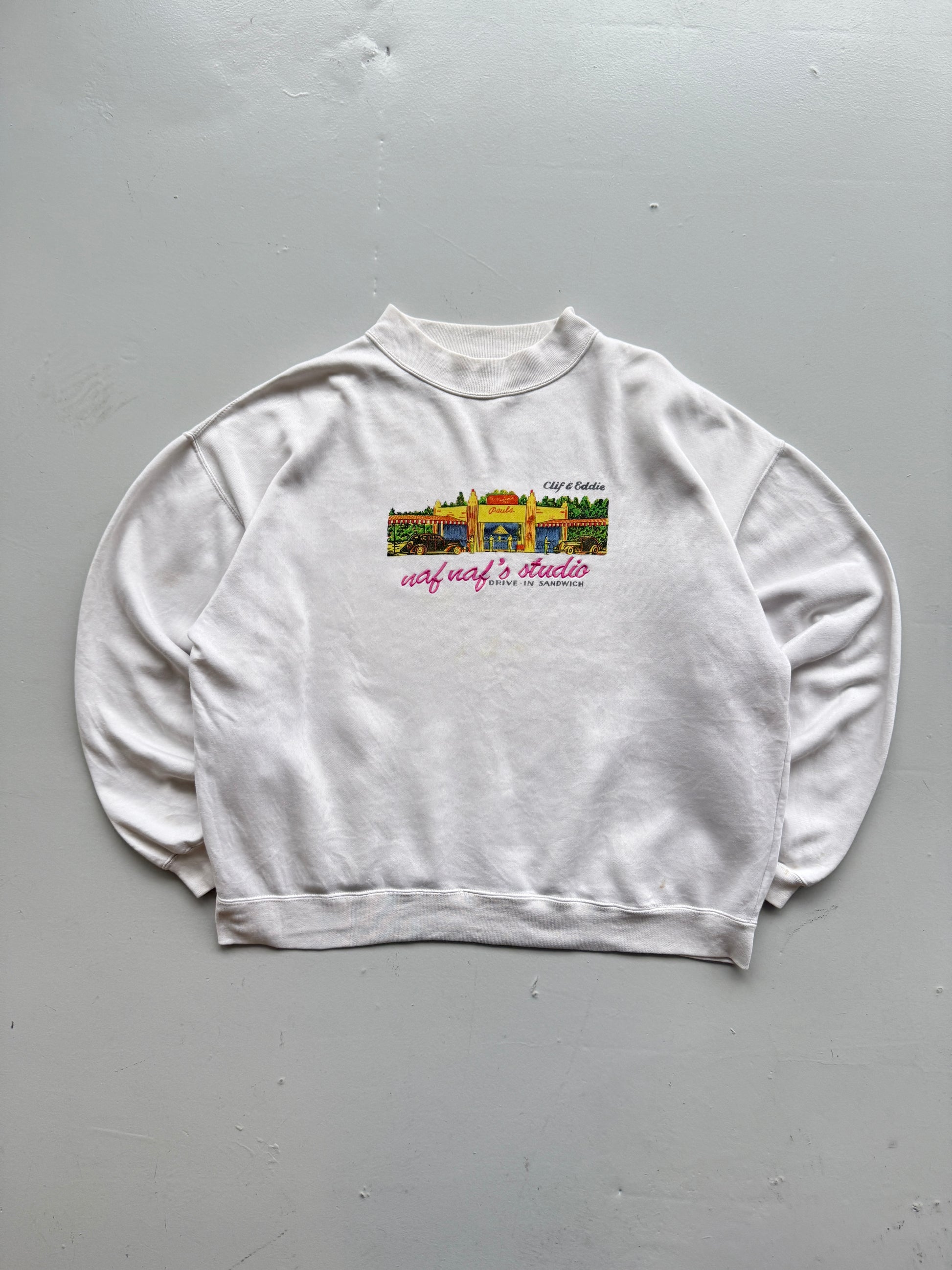 White Naf Naf 90's Vintage Graphic Sweatshirt Jumper - Large