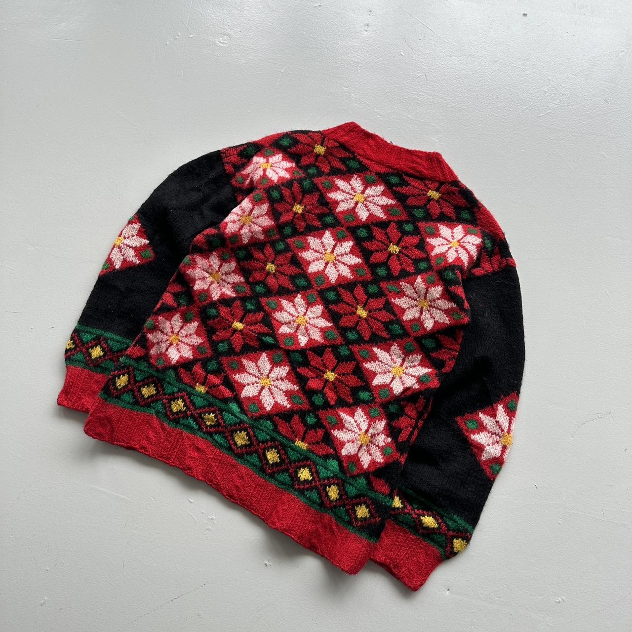 Red Floral Patterned 70s Vintage Woollen Knit Jumper - Medium