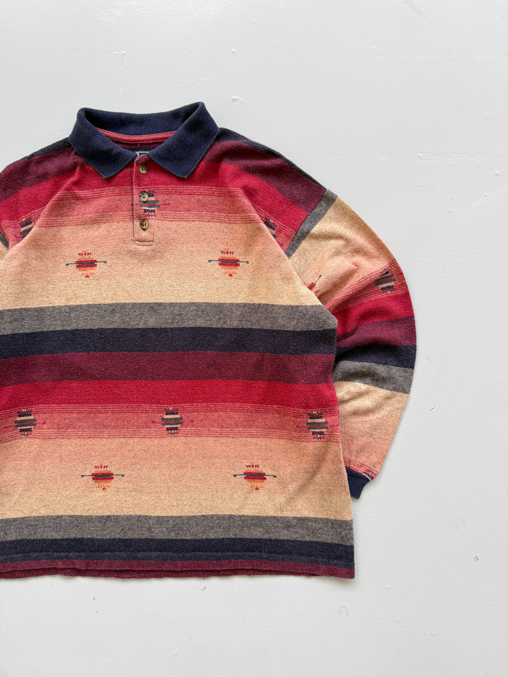 Navajo Aztec Stripe 90's Vintage Long Sleeve Cotton Polo - Medium