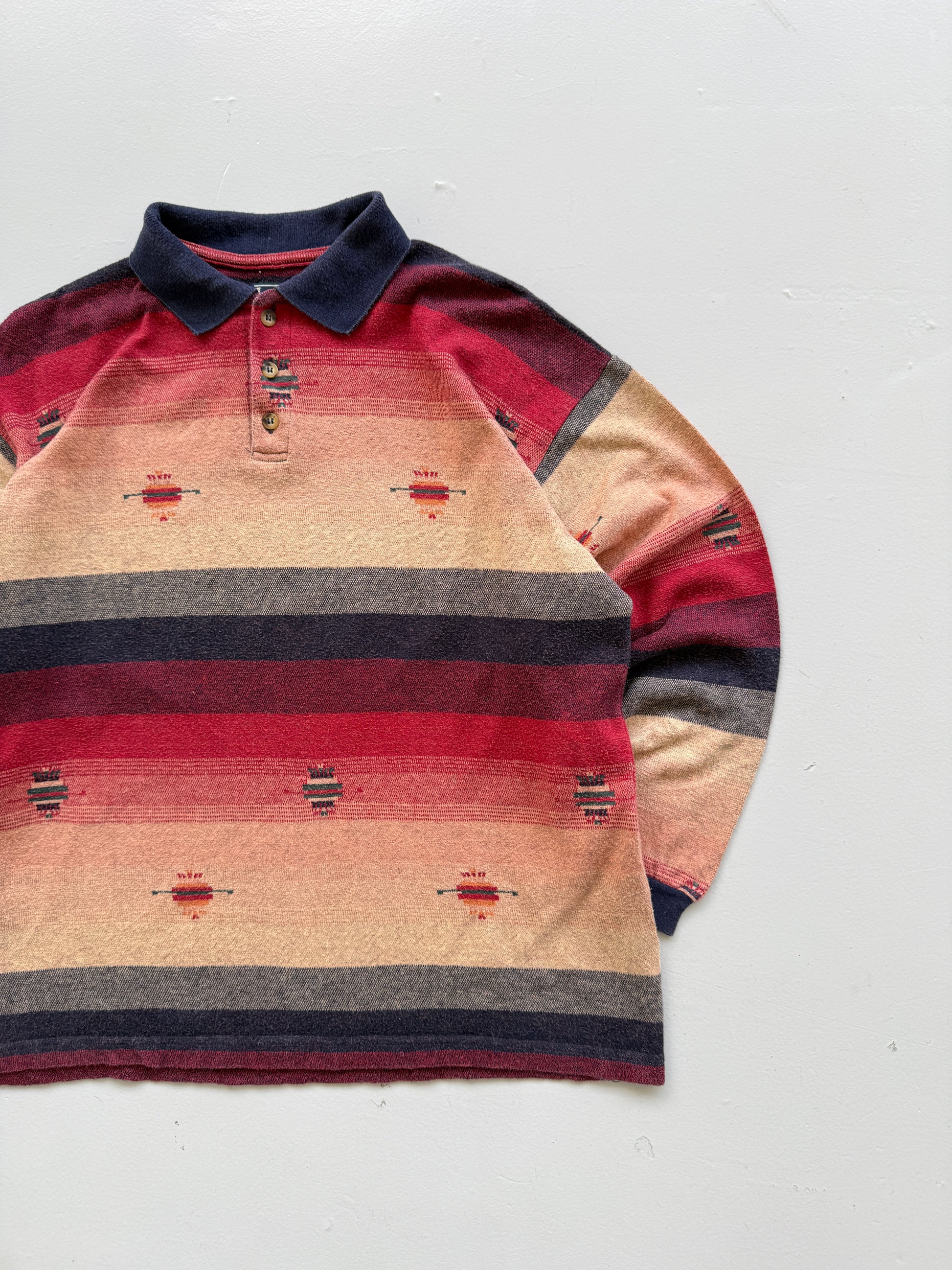 Navajo Aztec Stripe 90's Vintage Long Sleeve Cotton Polo - Medium