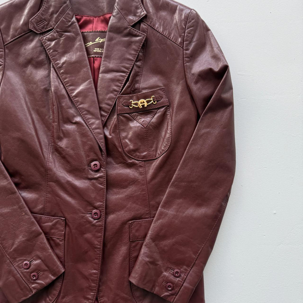 Burgundy Leather Blazer Vintage 90s Jacket - Womens Size 10
