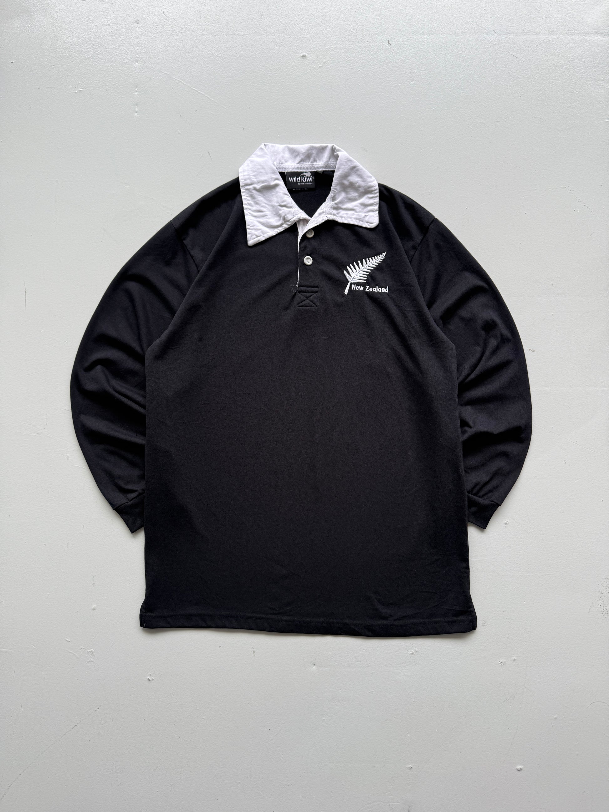 New Zealand 90's Vintage Long Sleeve All Black Rugby Polo Jersey - Medium