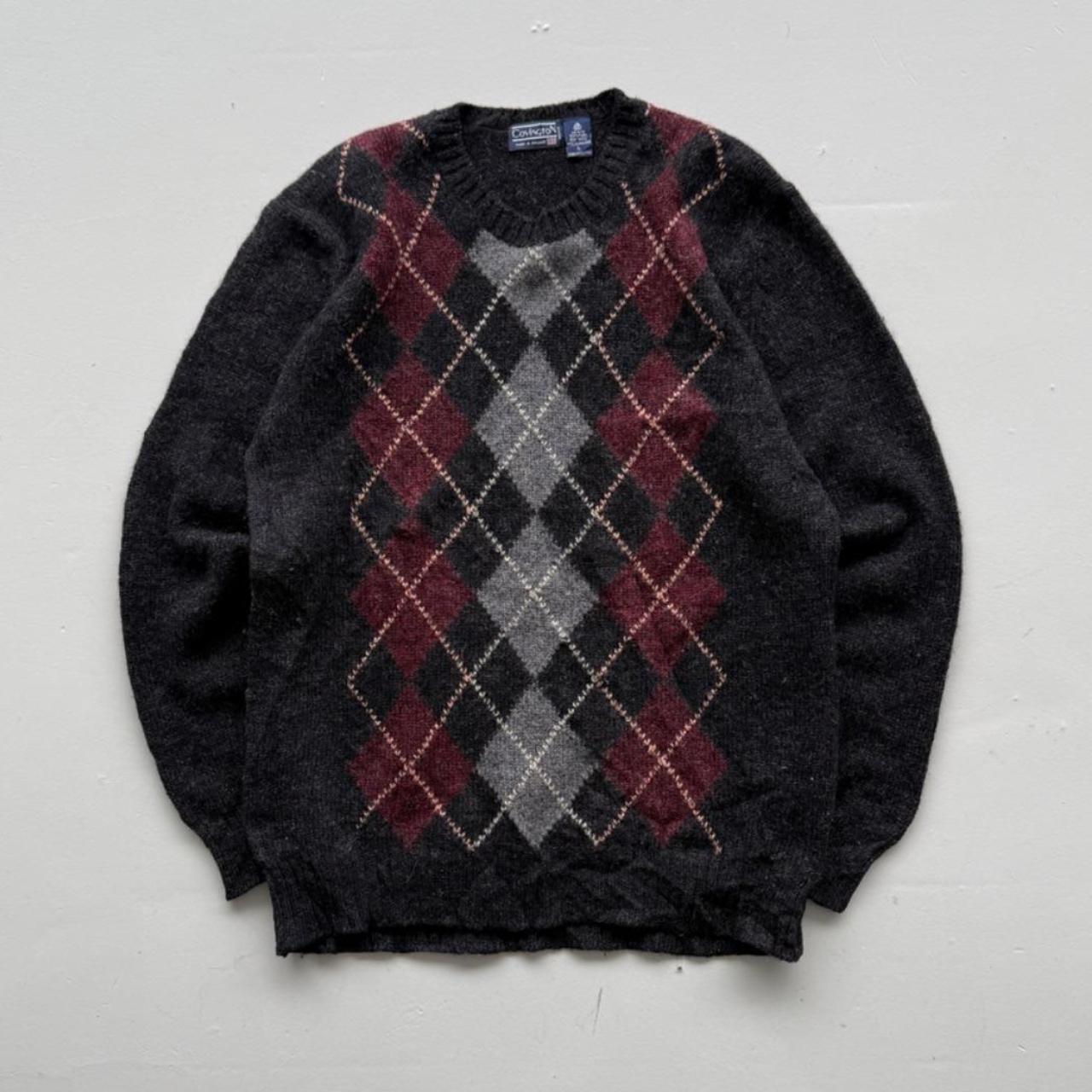 Grey Argyle Knitted 80s Vintage Knit Crew Neck Jumper - XL