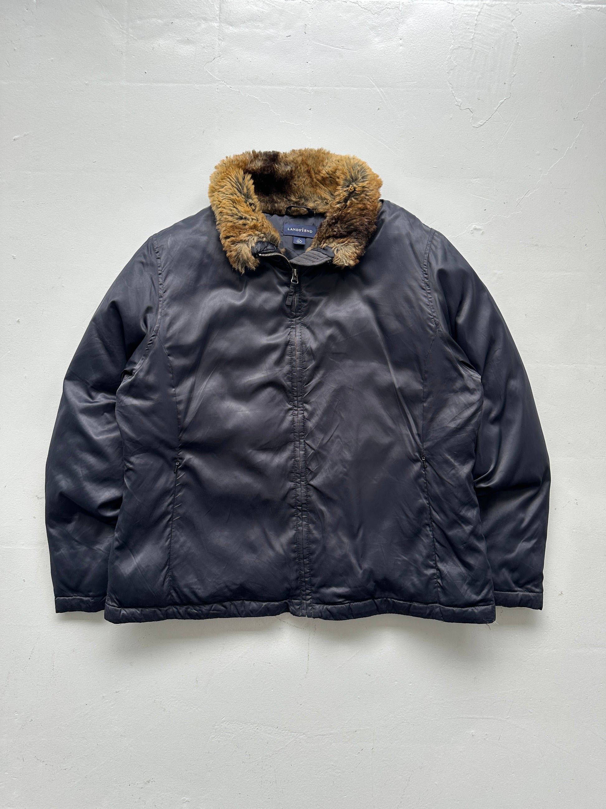 Navy Lands End Vintage 00's Goose Down Faux Fur Puffer - Womens Large 14-16