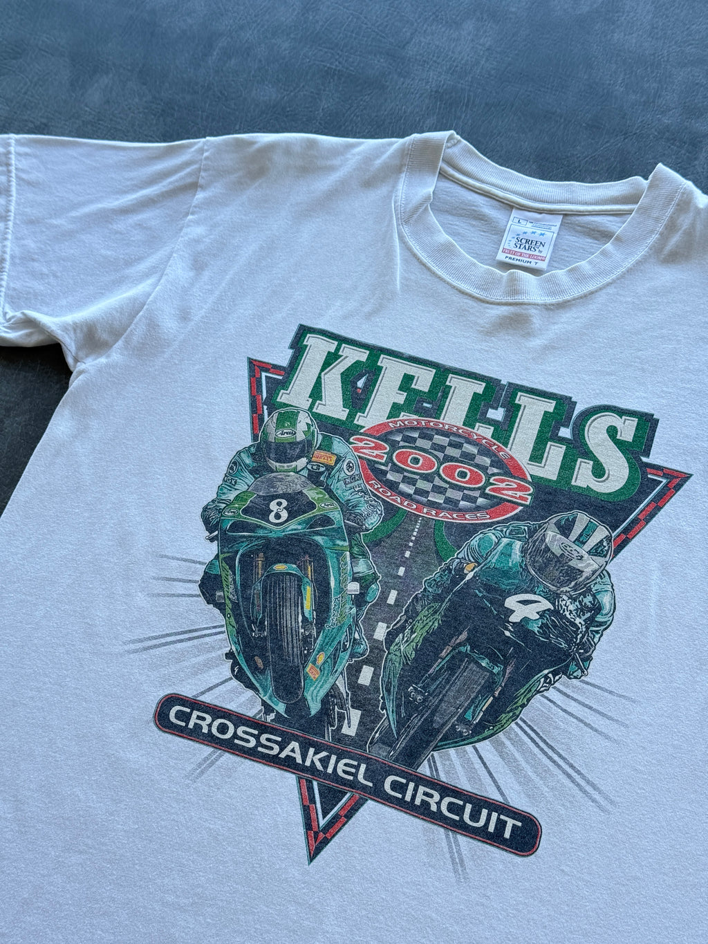 White Kells 2002 Motorcycle Road Races Crossakiel Circuit Y2K Graphic T-Shirt -