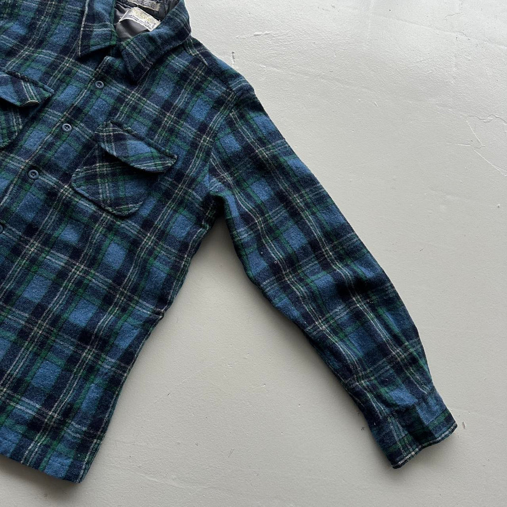 Green Blue Cascade Woollen Checkered Long Sleeve 60s Vintage Flannel Shirt - Small