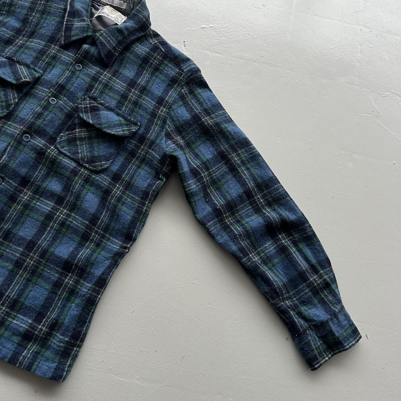 Green Blue Cascade Woollen Checkered Long Sleeve 60s Vintage Flannel Shirt - Small
