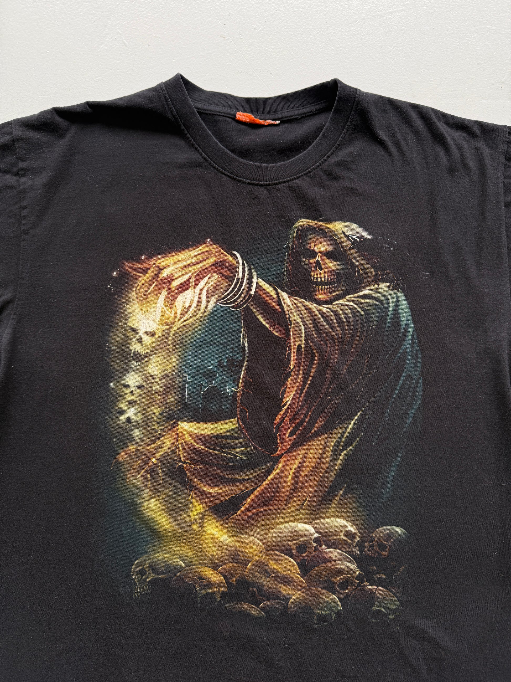 Black Grim Reaper 00's Vintage Y2K Graphic Metal T-Shirt - Large