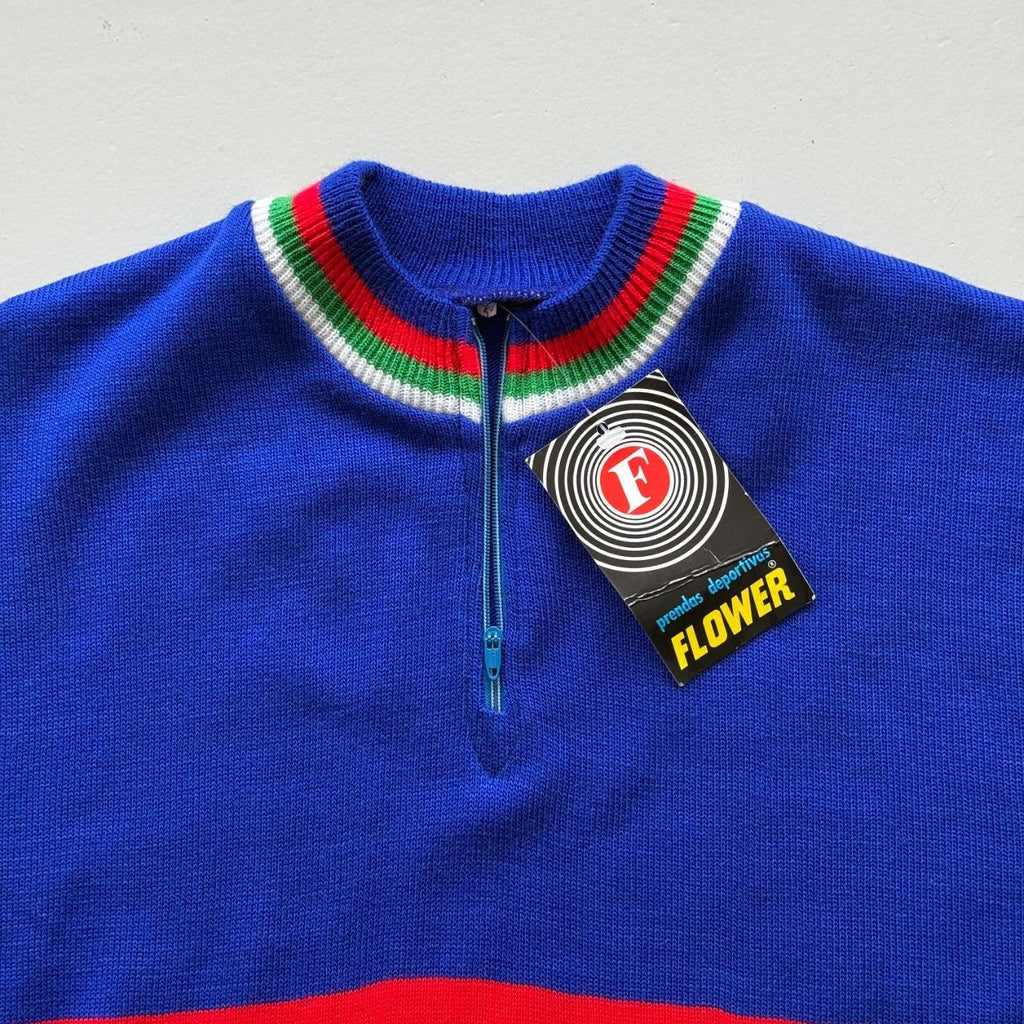 Blue Striped Flower 80's Deadstock Knit Cycling Jersey - Small