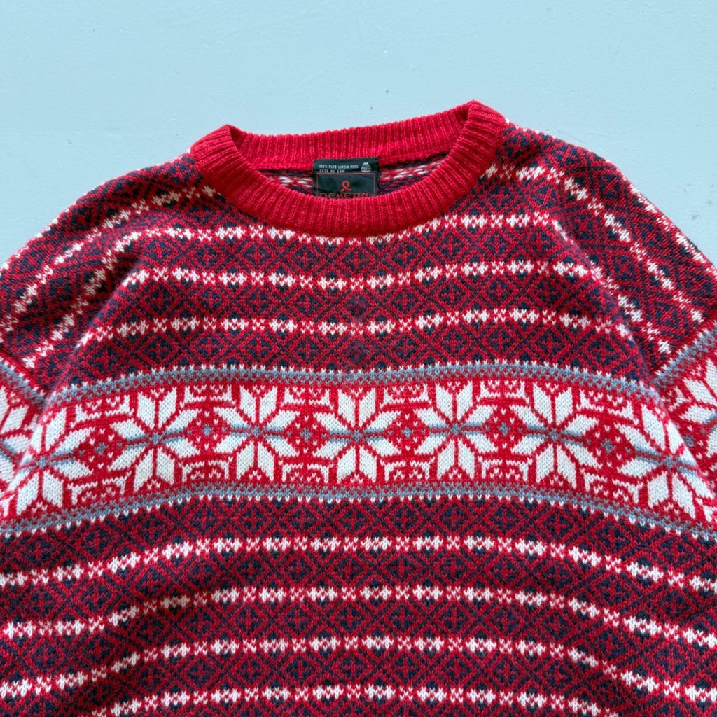 Red Raindeer Woollen 90's Vintage Christmas Pattern Wool Knit Jumper - Large
