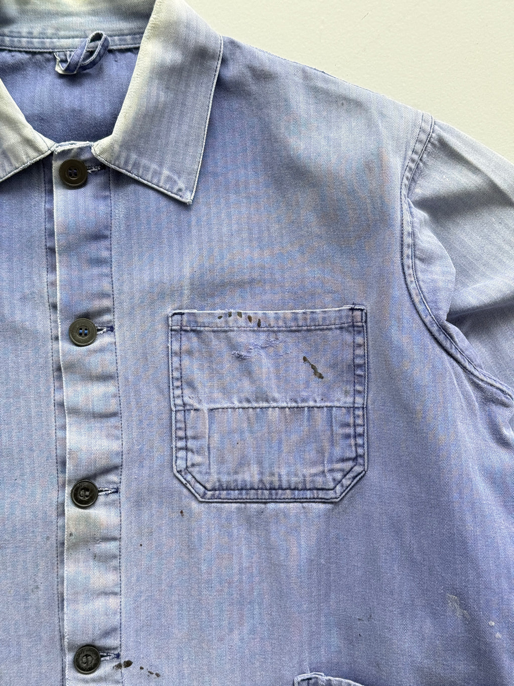 Thrashed Blue Herringbone 60's French Vintage Workwear Chore Jacket CH382 - Smal