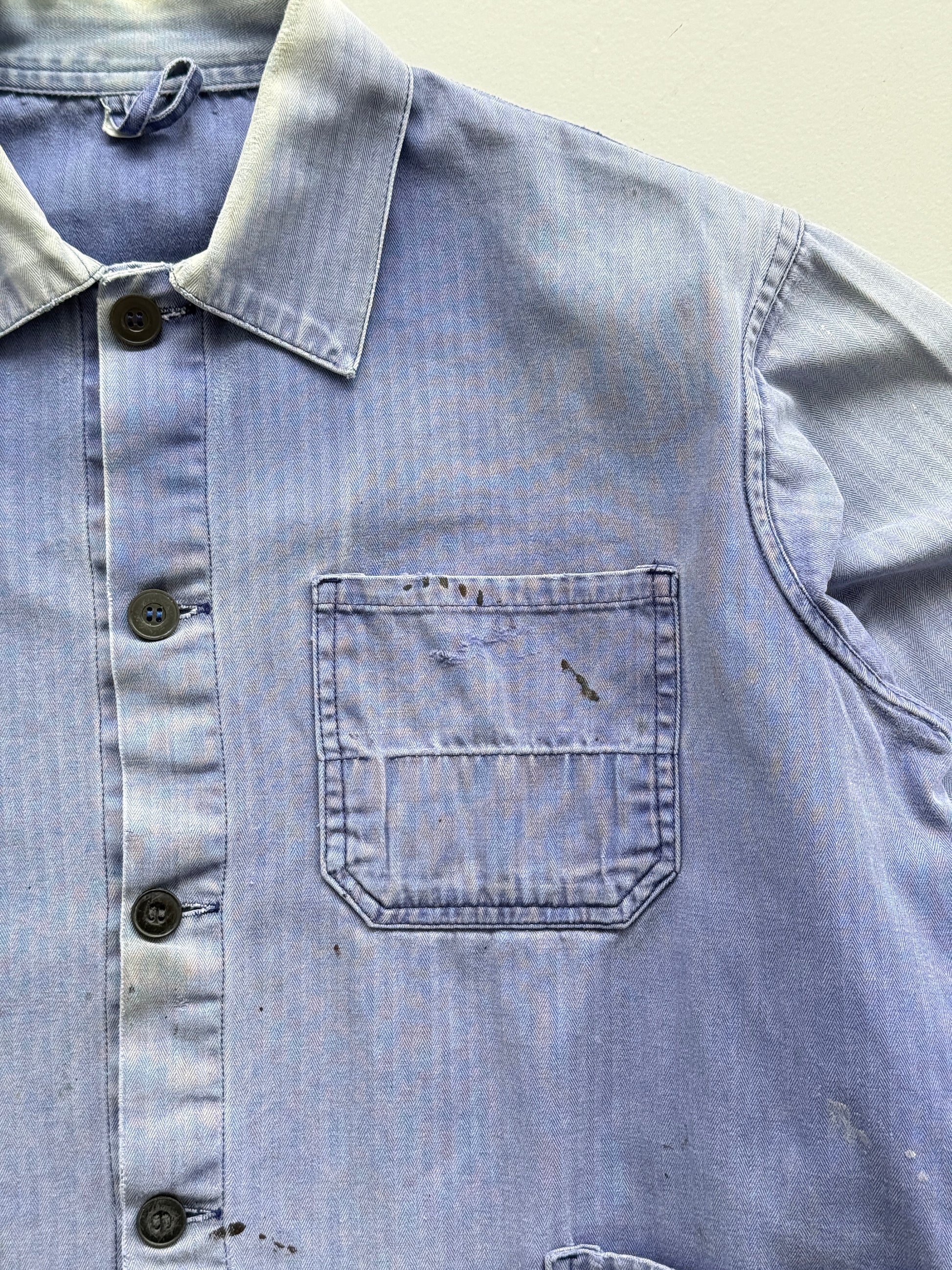 Thrashed Blue Herringbone 60's French Vintage Workwear Chore Jacket CH382 - Smal