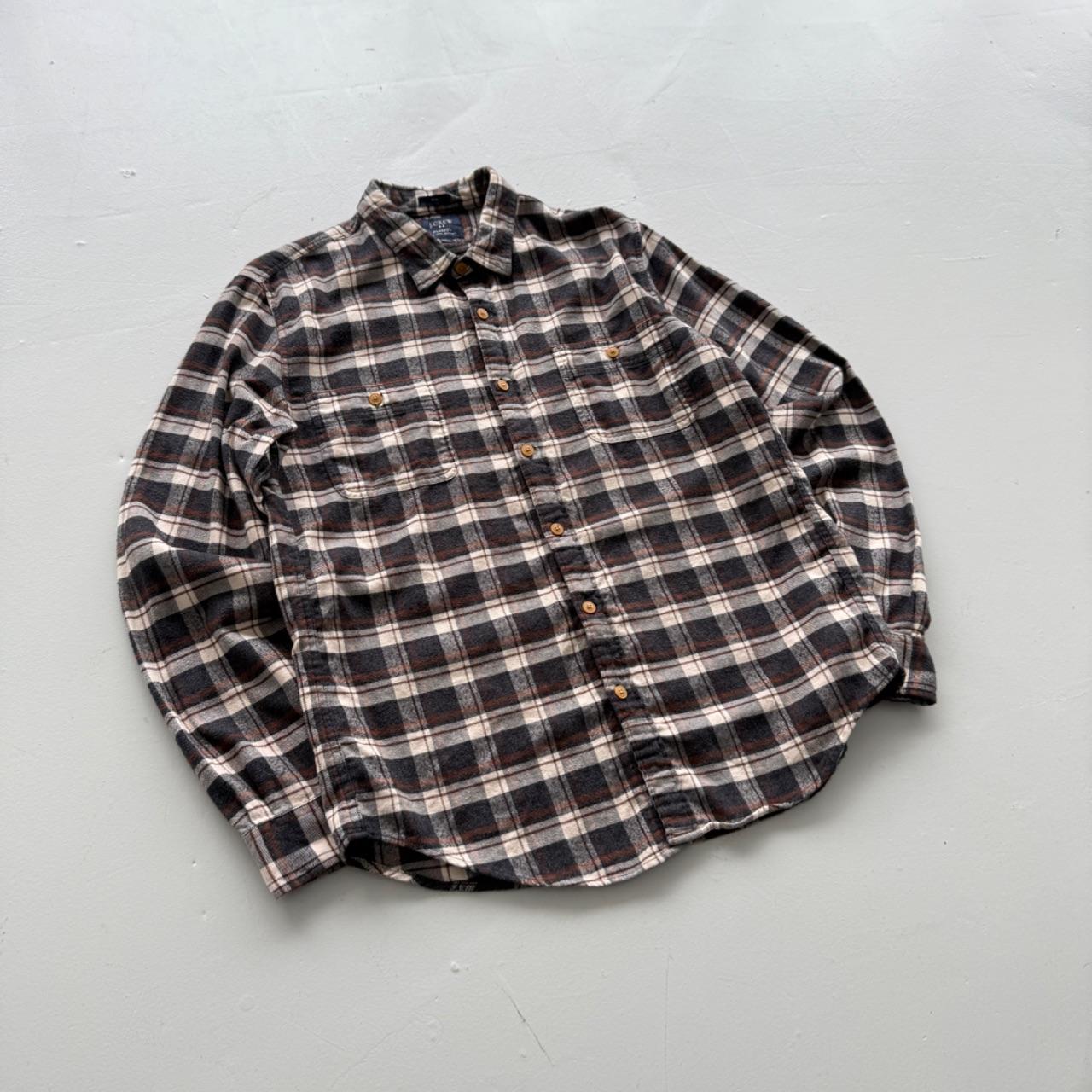 Brown and Cream Checkered J.Crew 90s Vintage Flannel Shirt - Medium