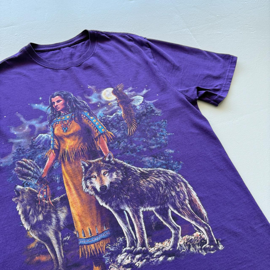 Purple Bohemian Wolf Native Vintage 00s T-shirt - Medium
