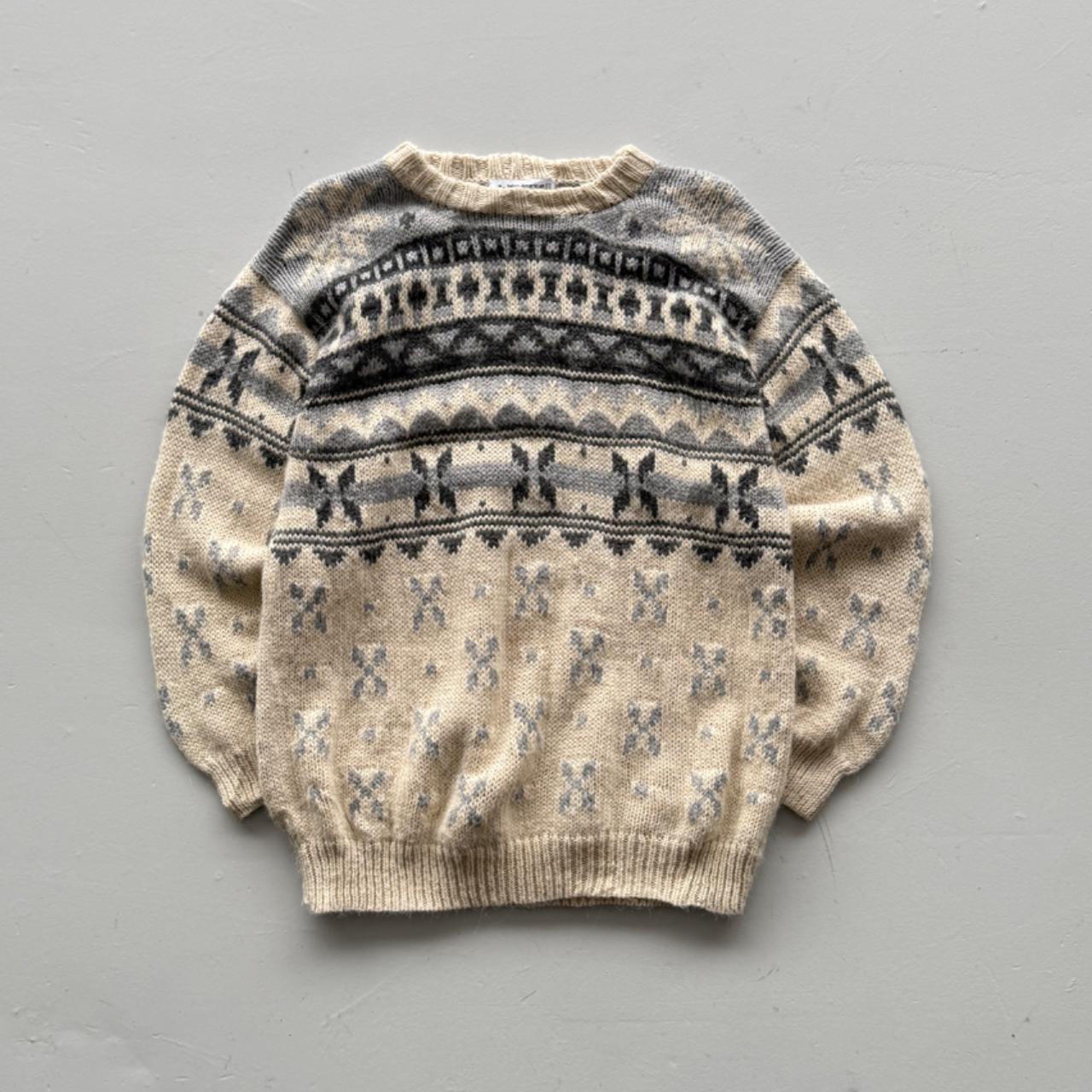 Cream Striped 80’s Vintage Geometric Knit Jumper - Large