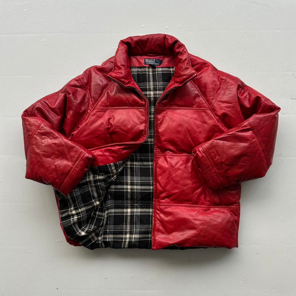 Polo Ralph Lauren Rare Red Leather 90s Puffer Jacket - Medium