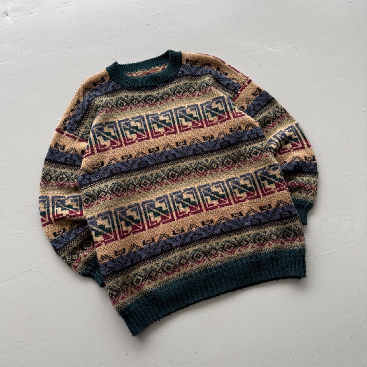 Green Aztec Woollen 90's Vintage Geometric Pattern Knit Jumper - Medium
