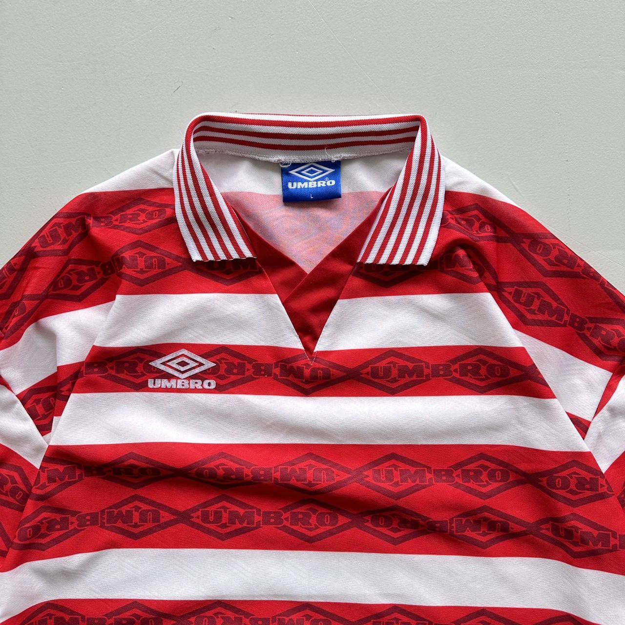 Red Striped 90's Umbro Football Long Sleeved Vintage Shirt - Large