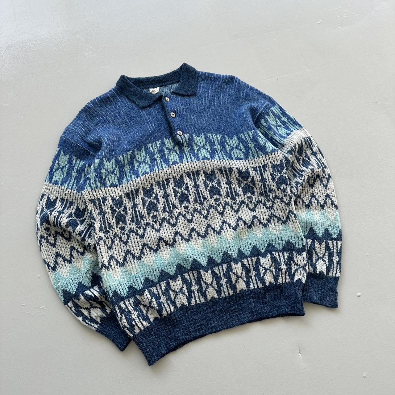 Blue 3D Knit Quarter Collar 90s Knitted Sweatshirt - Large