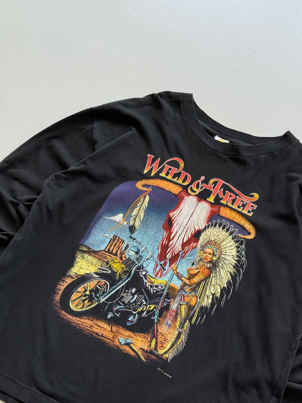 Black Wild and Free 90's Vintage Long Sleeve Biker Graphic T-Shirt - Large