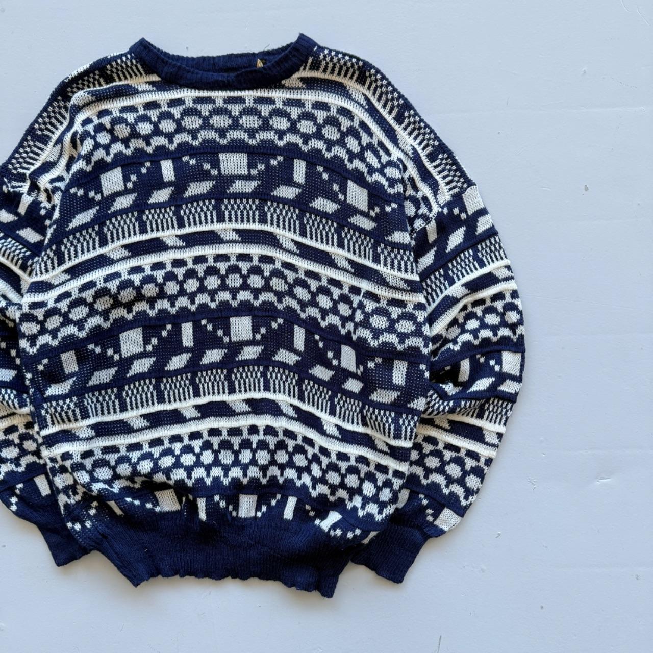 Blue Patterned Knitted 90s Acrylic Knit Jumper - Large