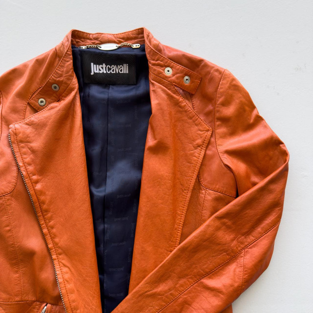 Orange Just Cavalli 00's Y2K Cropped Leather Jacket - XS