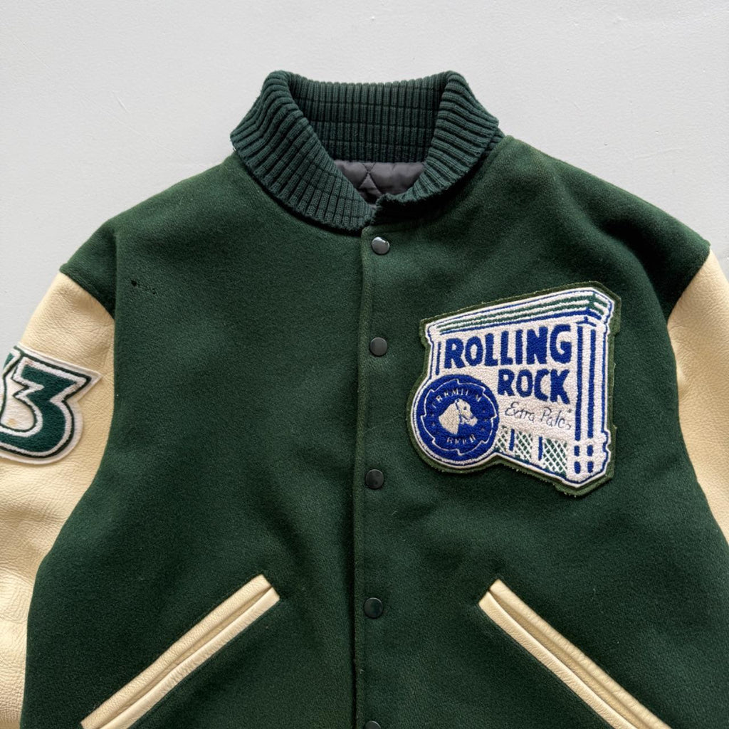 Green Rolling Rock Beer 80s Wool Leather Varsity Jacket - Medium