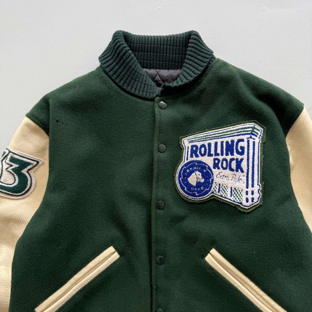 Green Rolling Rock Beer 80s Wool Leather Varsity Jacket - Medium