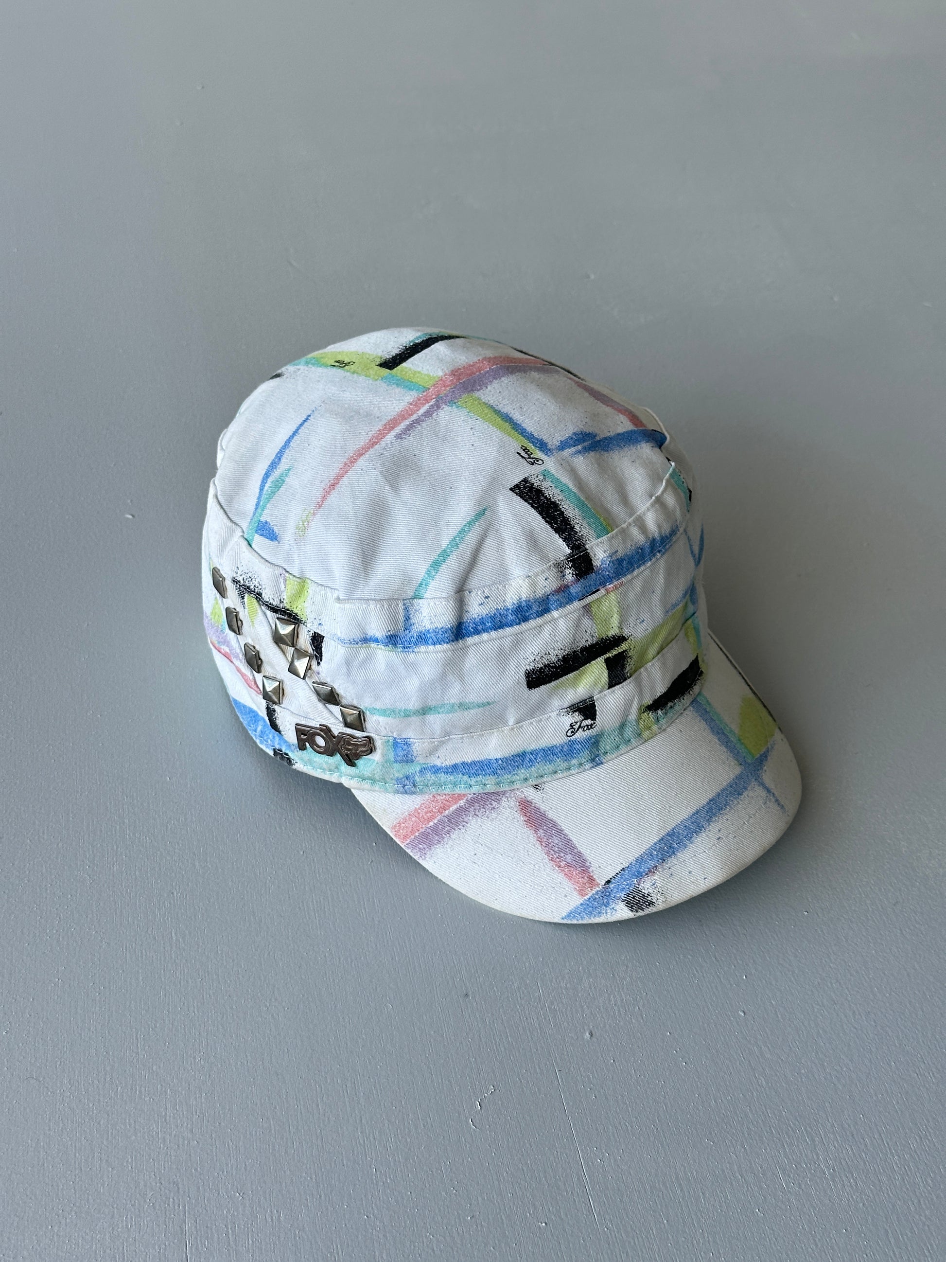 FOX White Studded Y2K Cadet Cap Military Style 00's Grunge Aesthetic