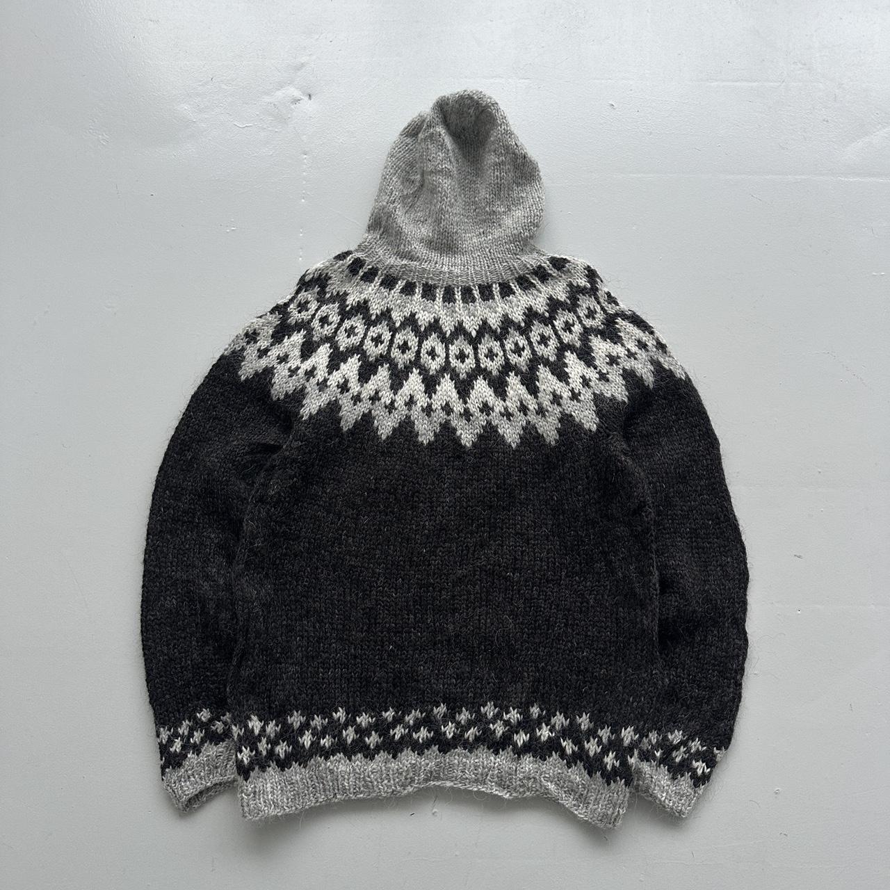 Charcoal Grey Hand Made 80s Vintage Woollen Knit Full-Zip Jumper / Hoodie - Large