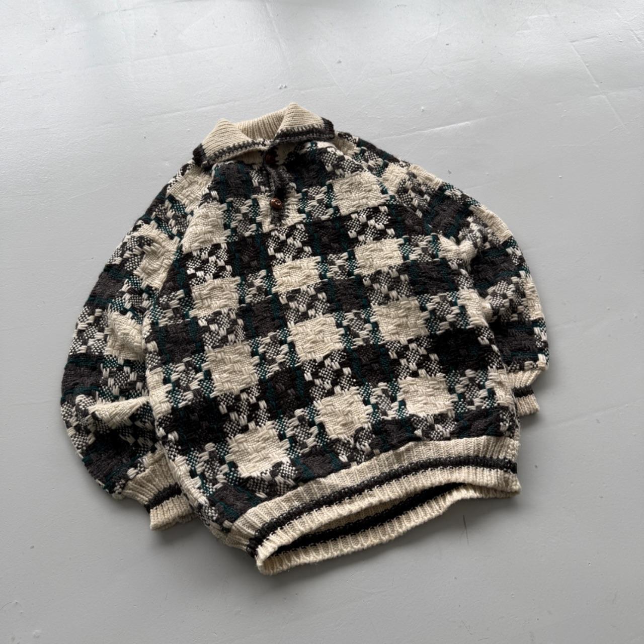Cream Check Knitted 90s Vintage Knit Polo Sweatshirt - Large