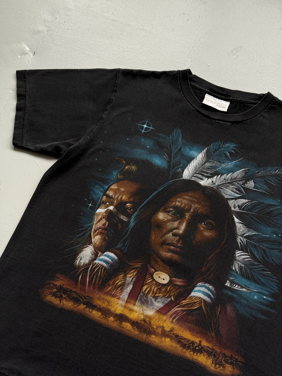 Faded Black Native American Chief 90's Vintage Graphic T-Shirt - Medium