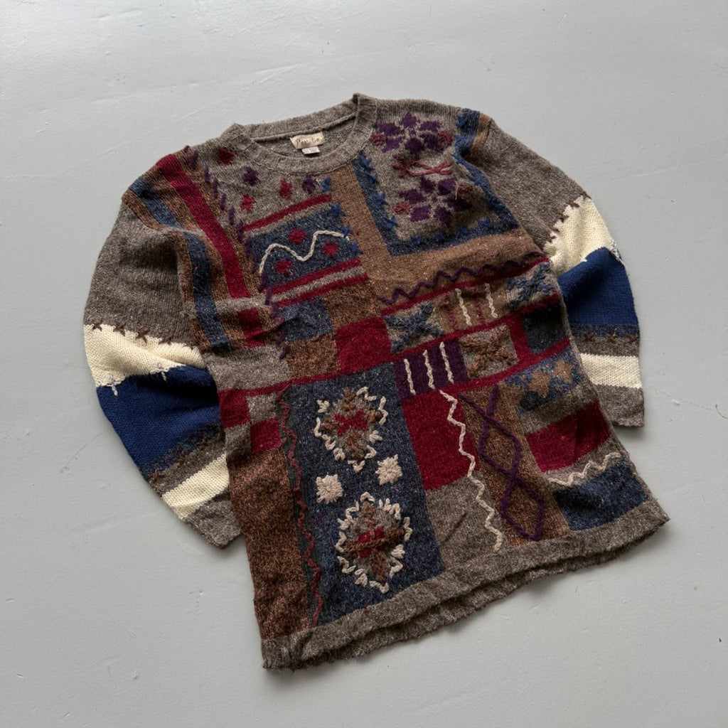 Brown Woollen 90's Vintage Patchwork Pattern Knit Jumper - Mens Large - Womens 12