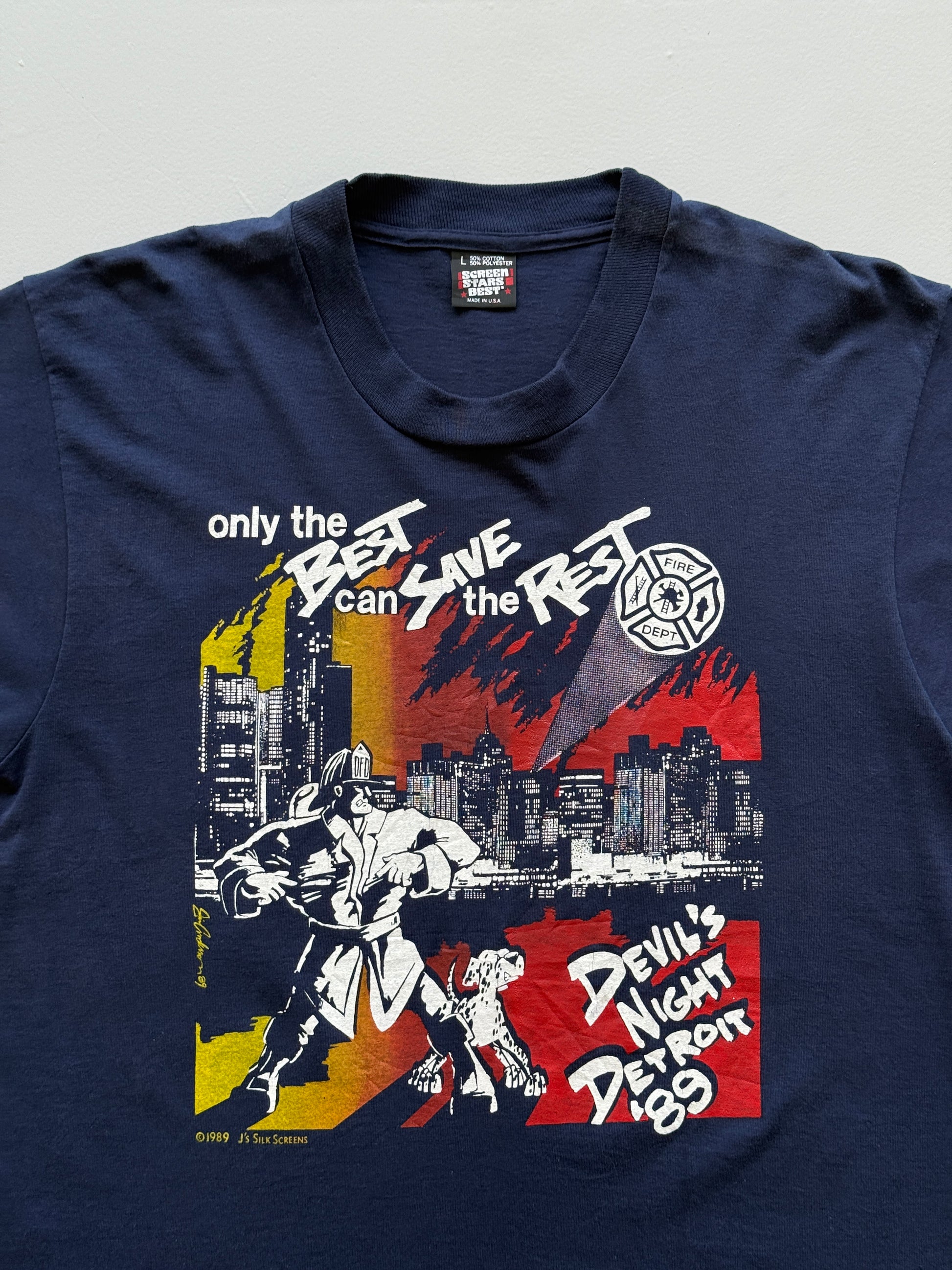 Navy Blue 80's Vintage Single Stitch Firefighter Graphic T-Shirt - Medium