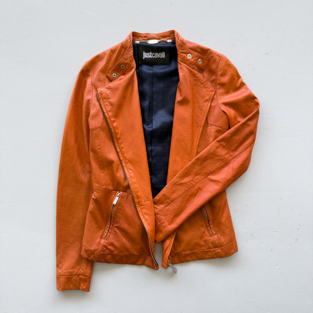 Orange Just Cavalli 00's Y2K Cropped Leather Jacket - XS