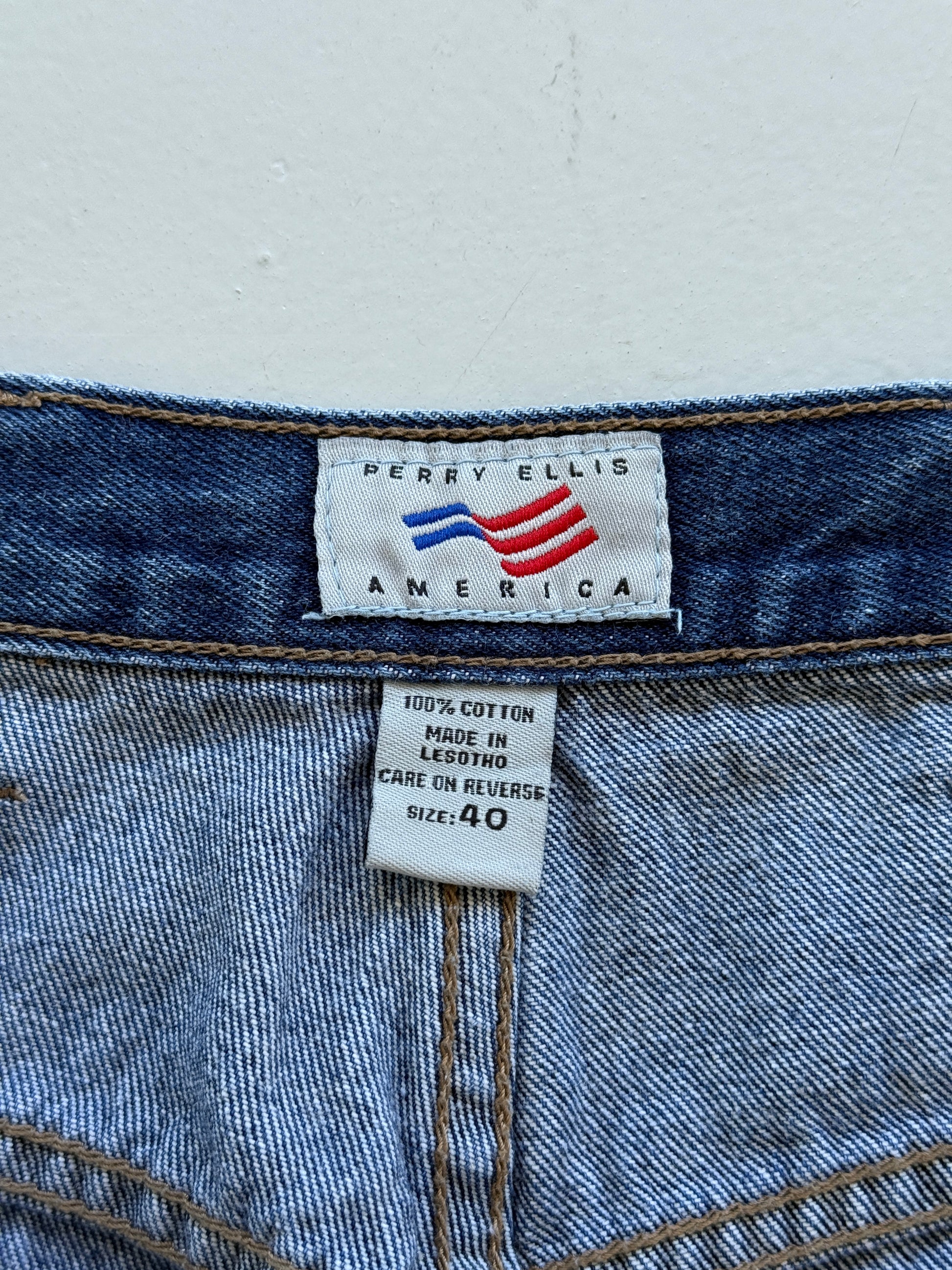 Mid Blue Perry Ellis 00's Vintage Baggy Hip Hop Denim Shorts - W40 x L11.5